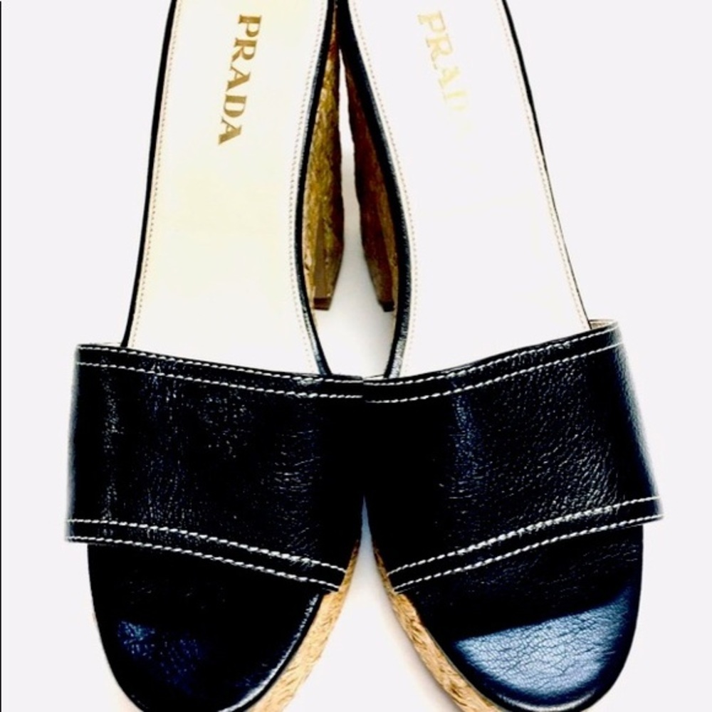 Prada Black Leather with Straw Platform Shoe Size 35 - Picture 7 of 8